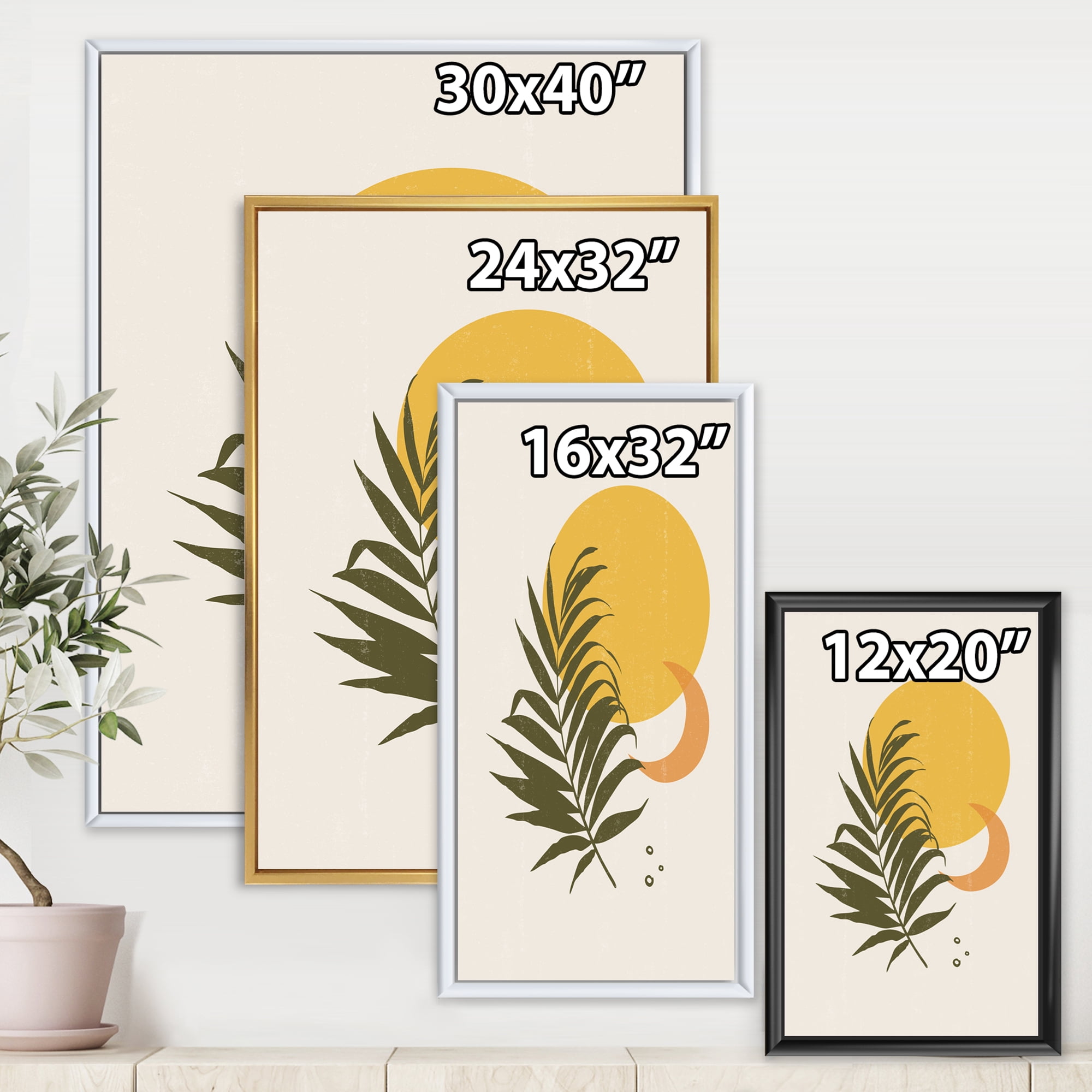 Designart 'Abstract Moon and Yellow Sun With Tropical Leaf I' Modern Framed Canvas Wall Art Print