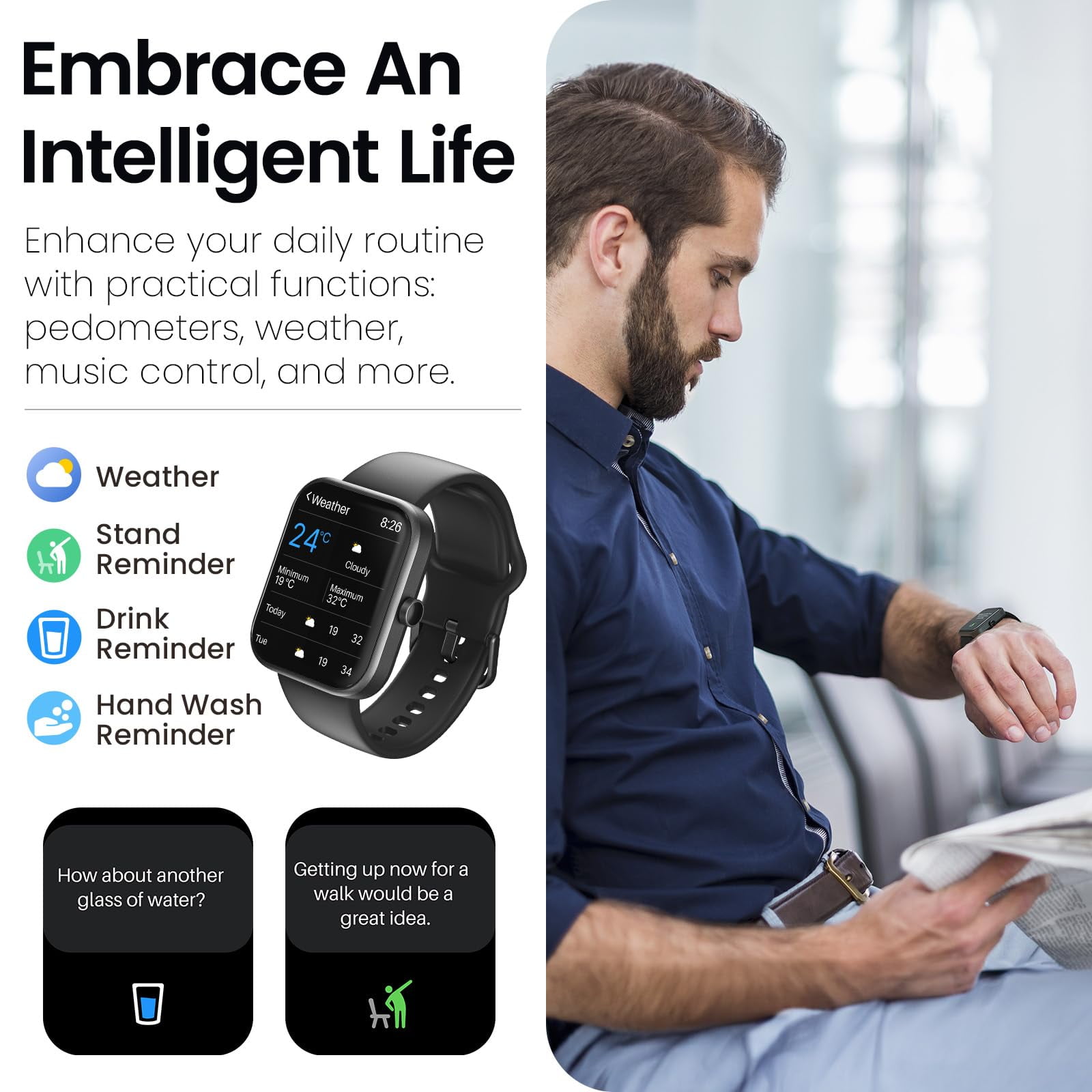 TOZO S3 Smart Watch Fits for Men Women,IP68 Waterproof Smartwatch for iPhone and Android,Bluetooth Call(Answer/Make Calls)100+ Sports Modes,1.83" HD Color Fitness Tracker Sleep Monitor for Gift Black