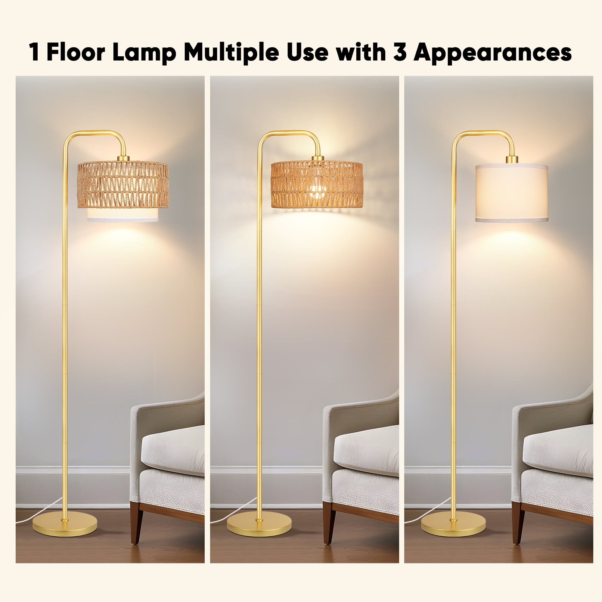 SparkGlowy Gold Floor Lamp with 3 Color Temperatures, Farmhouse Tall Lamp for Living Room, Boho Standing Lamp with Rattan & Fabric Shades