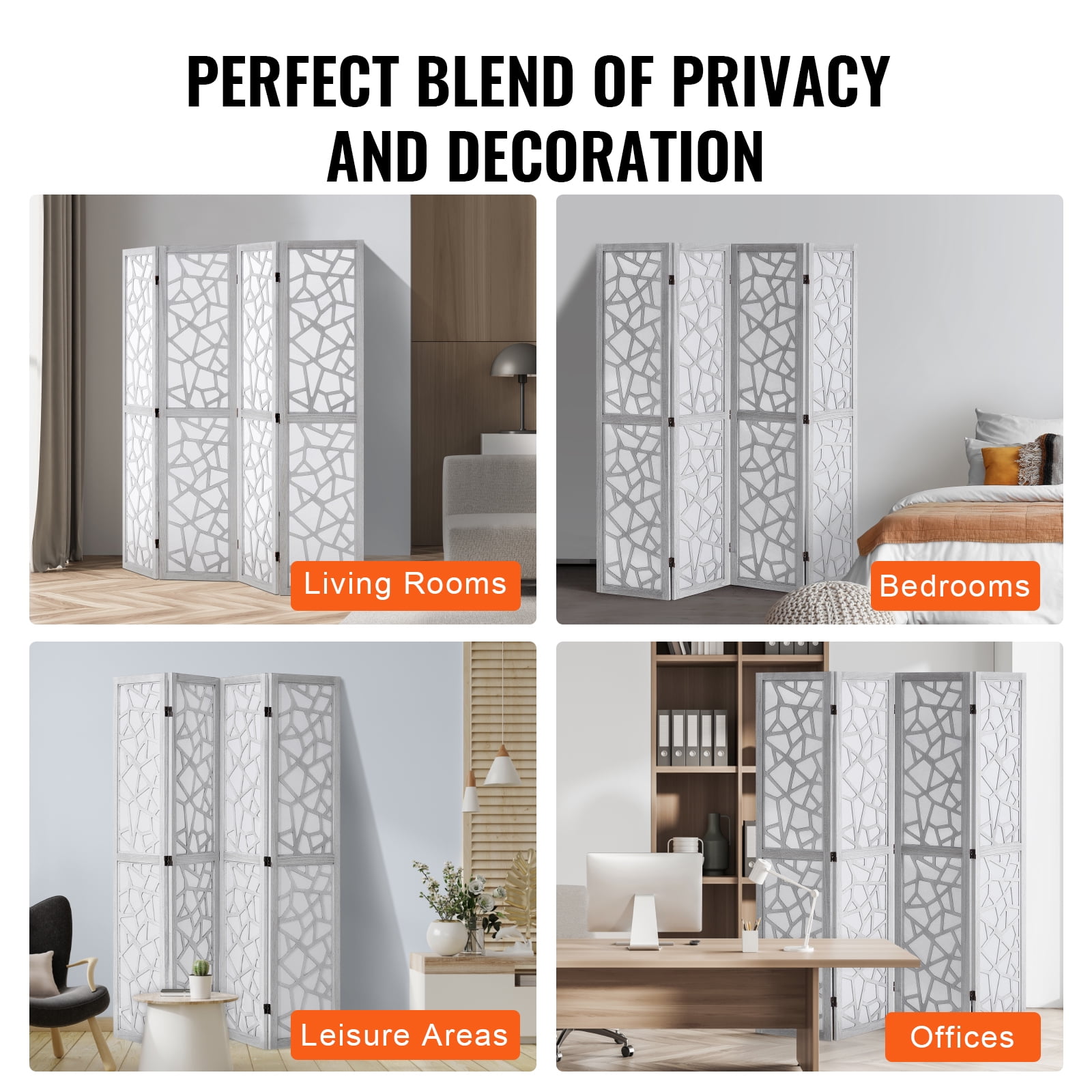 KFFKFF Wooden Partition, 4-Panel Foldable Privacy Barrier, 66.9 Inches High Indoor Engraved Wood Divider, Movable Decorative Screen, Suitable for Space Division in Homes, Offices, Restaurants