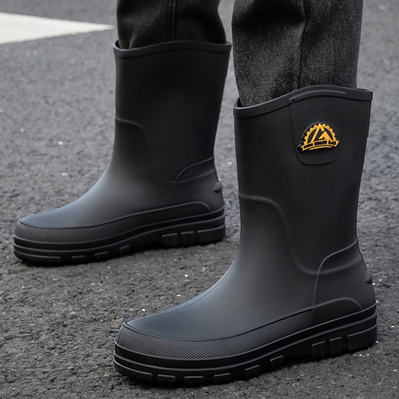 Liyufly Rain Boots for Men, Non-Slip Waterproof Rubber Boots Outdoor Garden Mid Calf Muck Work Shoes Rainboots for Fishing Climbing, Black, Size 11