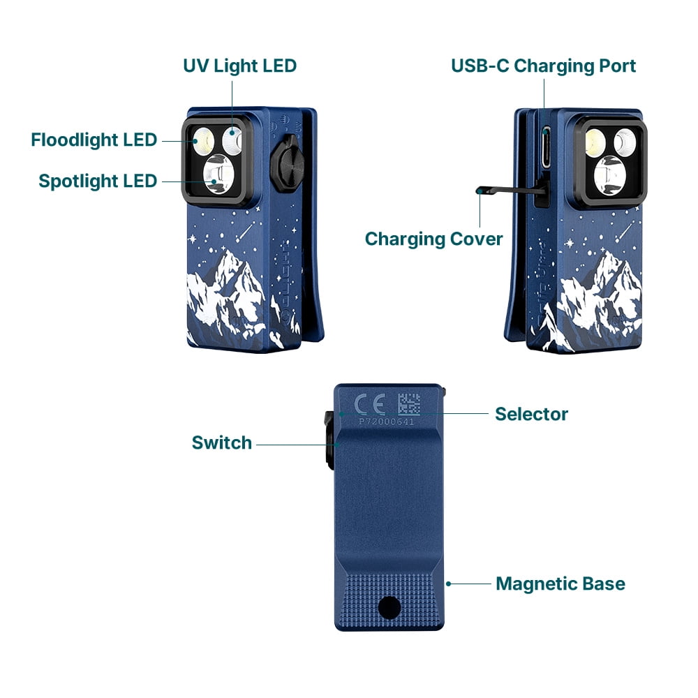 OLIGHT Oclip Ultra EDC Flashlight Clip-on Light, 530 Lumens Rechargeable with Type-C Charging, Combines Floodlight, Spotlight and UV, Triple Magenetic Lights for Inspection and Work (Snowy Summit)