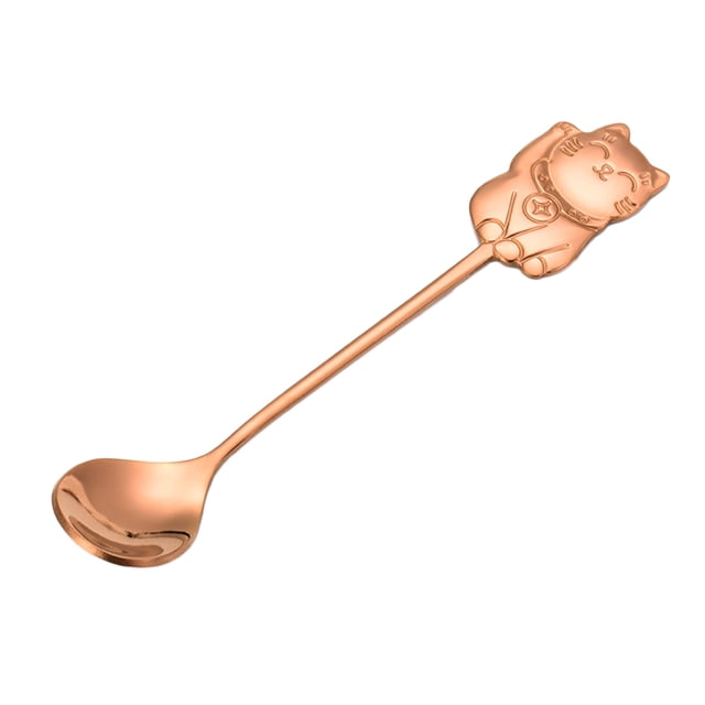 EeaseMX Cuchara de acero inoxidable 304 con forma de gato de la suerte para revolver café, cuchara de postre con dibujos animados para cenar en la cocina (oro rosa)