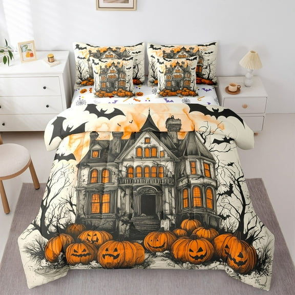 Manfei Spooky Halloween Castle 7-Piece Twin Bedding Sets,Funny Pumpkin Lantern Bedding Comforter Set,Black Bats Sheet Sets For Teens,Luxury Bedroom Decor Reversible