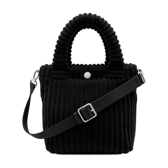 Corduroy Handheld Crossbody Bag, 13x9.8in Ruffled Stripe Adjustable Shoulder Strap Daily Tote for Commute Shopping Friend Gathering Black