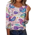 thumbnail image 7 of Women's Graphic Printed T-shirts 3/4 Length Sleeve Tees Crew Neck Spring Fall Summer Tops with Buttons (M, Purple), 7 of 7