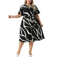 thumbnail image 2 of Agnes Orinda Women's Plus Size Dress Printed Notched Neck Short Sleeve Tie Knot Casual Business A Line Midi Dresses with Pockets 1X Black, 2 of 6
