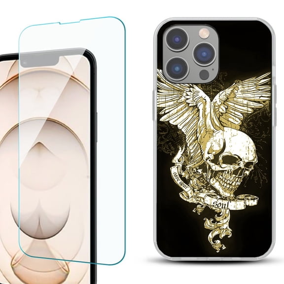 OneToughShield ® for iPhone 15 Pro Max Shockproof Fashion Phone Case, with Tempered Glass Screen Protector - Wing Skull