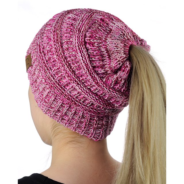 C.C BeanieTail Soft Stretch Cable Knit Messy High Bun Ponytail Beanie Hat, 3 Tone Pink