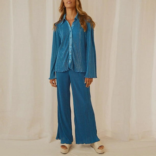 Conjunto de dos piezas plisado elegante para mujer, blusas sueltas de manga larga y pantalones de pierna ancha de cintura alta, traje informal para mujer Tan Jianjun unisex