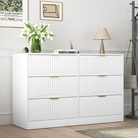 S-HOME 6-Drawer Dresser in White with Wavy Patterned Drawer Panels for Bedroom Living Room Hallway Storage