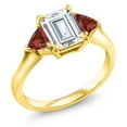 thumbnail image 2 of Gem Stone King 18K Yellow Gold Plated Silver White Moissanite and Red Garnet 3-Stone Ring for Women (2.15 Cttw, 8X6MM Emerald Cut and 3.5 Trillion, Gemstone Birthstone, Size 6), 2 of 4