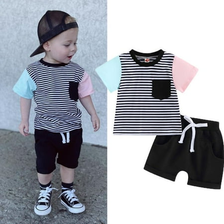 

Baby Boys Shorts Set Toddler Short Sleeve Striped T-shirt with Elastic Waist Shorts Summer Outfit