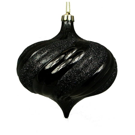 4ct Shiny Jet Black Glitter Swirl Shatterproof Onion Christmas Ornaments 5.75