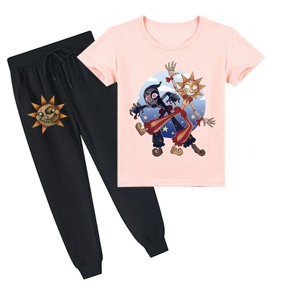 Sundrop and Moondrop Printed Cotton Set: Short Sleeve T-shirt and Long Pants for Kids in Summer Outfits