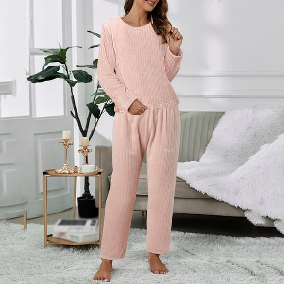 Alitao Pajamas for Women Set Lounge Sets Women Casual Pajamas Sets Coral Fleece Long Sleeve Tops And Long Pants Letter Printing Sleepwear Two Piece Set Women'S Sleepwear Two Piece Sets B One Size