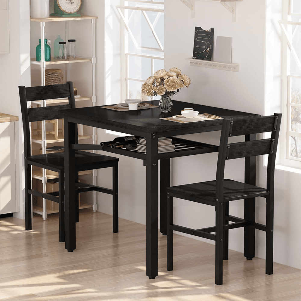 LinkRomat Small Dining Table for 2, Wooden Dinner Table with Storage, 3 Piece Farmhouse Square Dinette Set for Dining Room, Apartment, Small Space