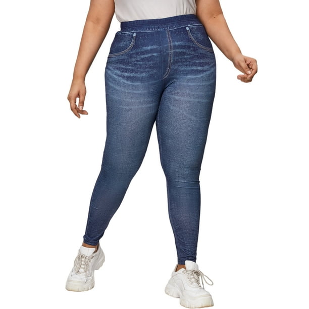 Bellella Women Fake Jeans Tummy Control Plus Size Leggings Skinny Faux Denim  Pant Slim Fit High Waist Trousers Yoga Bottoms Blue 5XL 