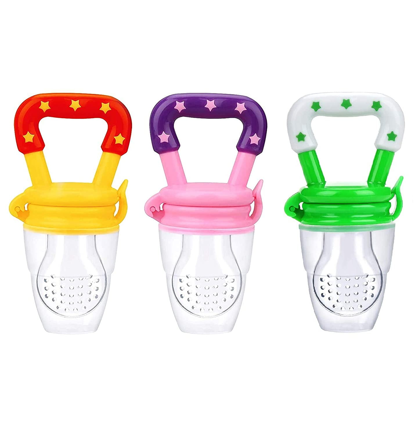 PandaEar 3 Pack Baby Feeder Fresh Fruit Food Feeder with 3 Different Size  Silicone Pouch and 1 Pacifier Clips, Training Massaging Toy Teether