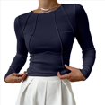 thumbnail image 2 of Camisas de Larga para Mujer, Corte Entallado, Cuello Redondo, Ropa de Otoño, Costuras Expuestas, Blusas Básicas Acanaladas. Azul Marino L, 2 of 7