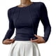 thumbnail image 2 of Camisas de Larga para Mujer, Corte Entallado, Cuello Redondo, Ropa de Otoño, Costuras Expuestas, Blusas Básicas Acanaladas. Azul Marino L, 2 of 7