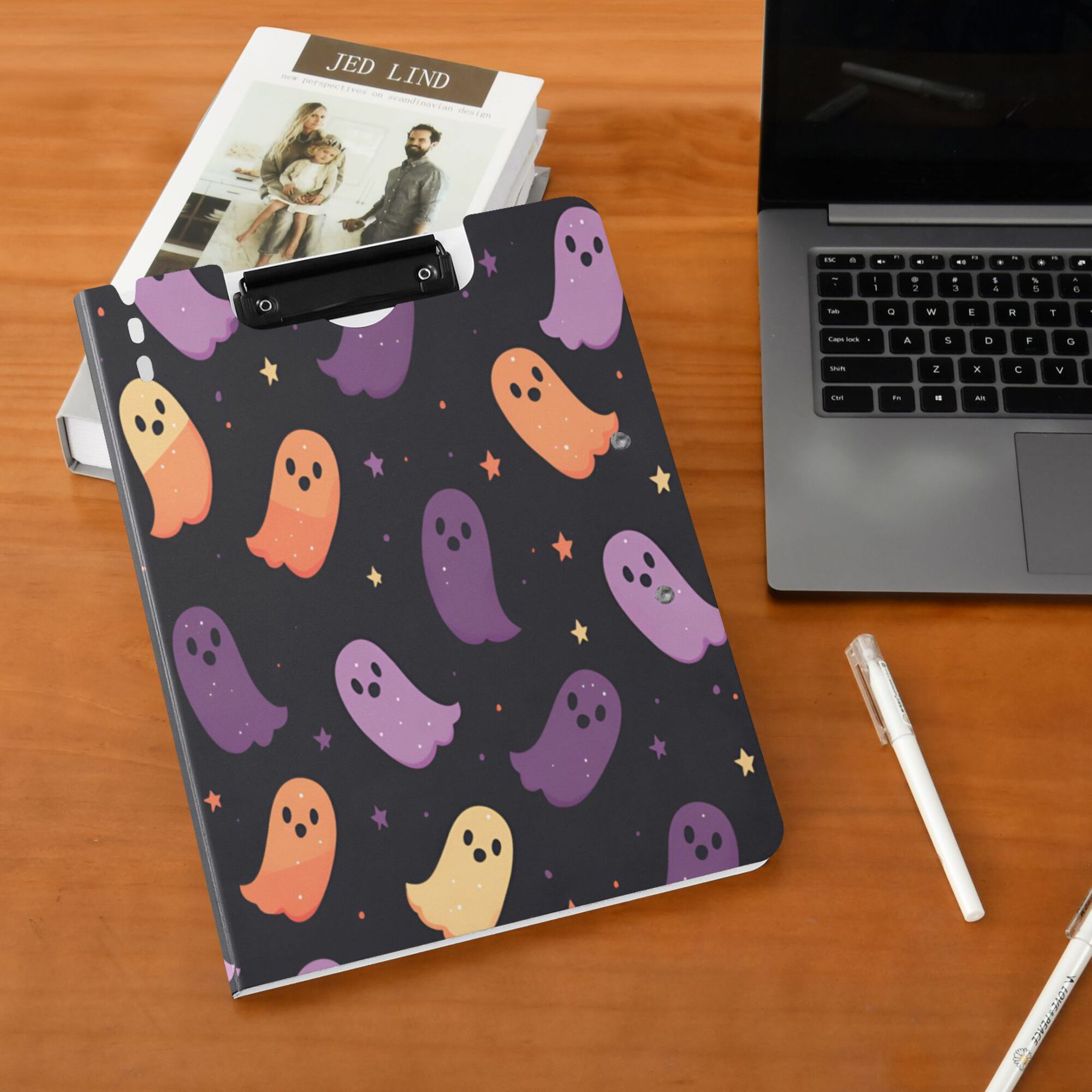 FORMRS A4 Clipboard Folder with Pen Holder Horizontal Foldable School Office Binder, Halloween Purple Ghosts