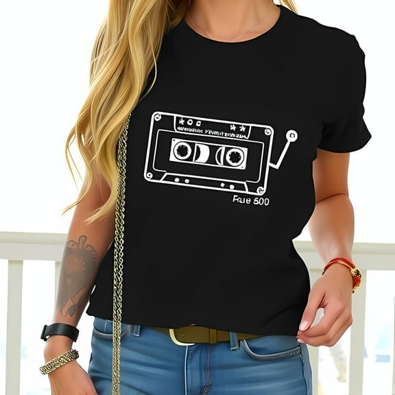 Retro Cassette Tape Graphic Cotton Short Sleeve T-Shirt for Women - Rue 500 Design Casual Trendy Style