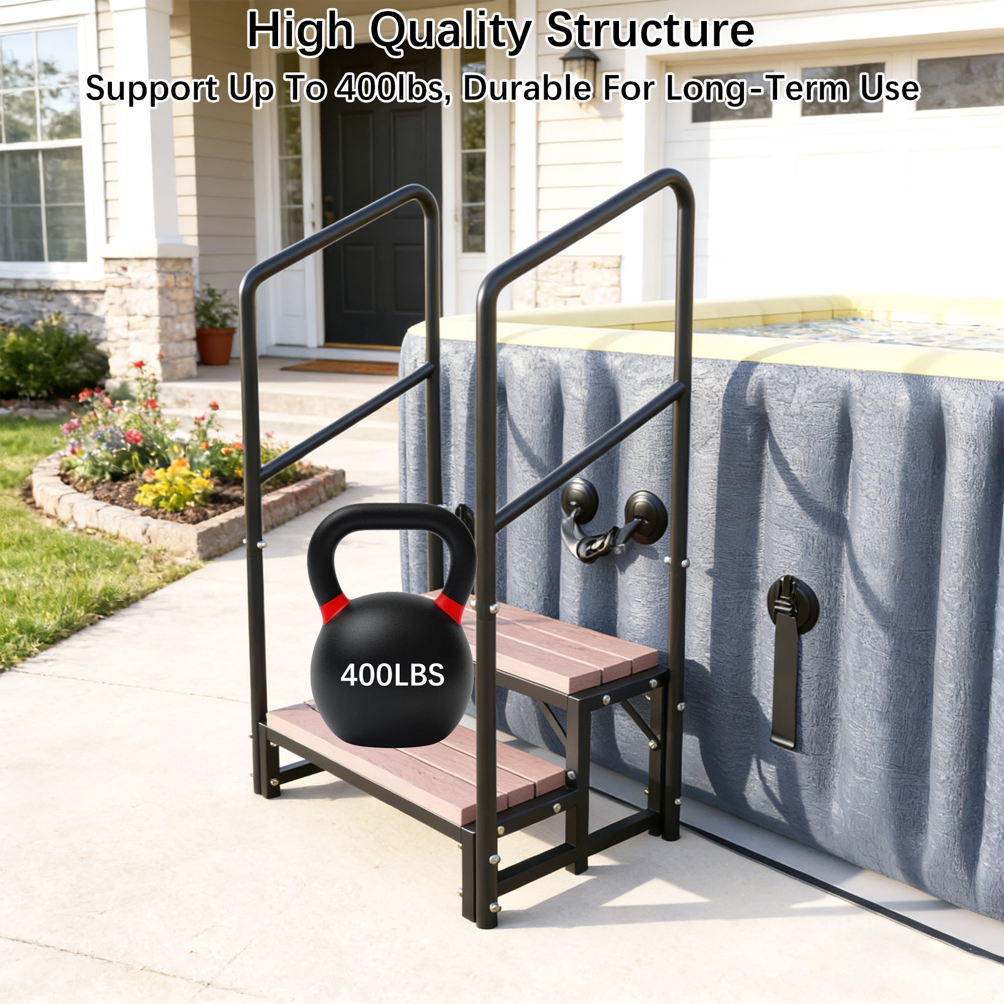 HOHYN 2-Step Hot Tub Stairs with Handrail, 33" Wide Heavy Duty Outdoor Spa Steps, 400 lbs Capacity Metal Frame Pool Steps for Inflatable Pool, Porch, Patio, Deck, RV