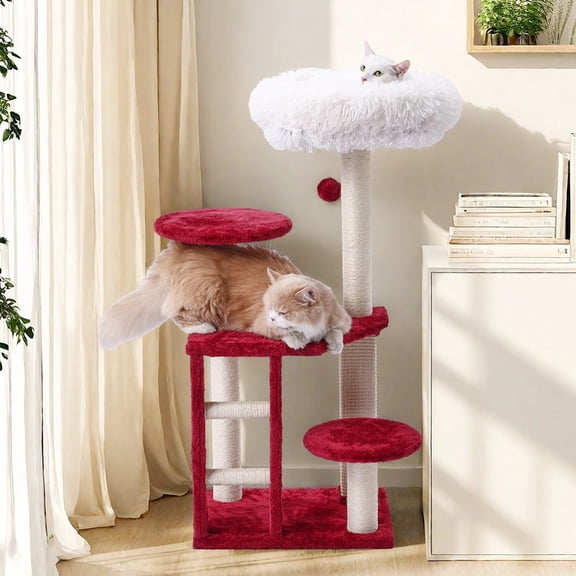 Medium-sized cat tree, red multi-level staircase-style cat tower with scratching posts and comfortable resting platforms; easy to assemble and space-saving