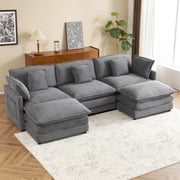 U Shaped Modern Cloud Sofa Modular Sectional Couch with 2 Ottoman, 5-Seat Corduroy Deep Seat Sofa with Pillow for Living Room, Bedroom and Apartment,Dark Grey