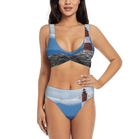 Zeuib Lighthouse On The Waters High Waisted Tummy Control Bikini Set - Knot Front Push Up Top & Cheeky Thong Bottom  Two-Piece Swimsuit for Women-Medium