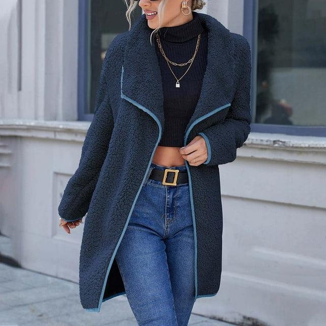 Jackets Women's Solid Color Large Lapel Double Sided Plush Pocket Recreational Long Sleeve Tops Womens Spring Jacket on Clearance