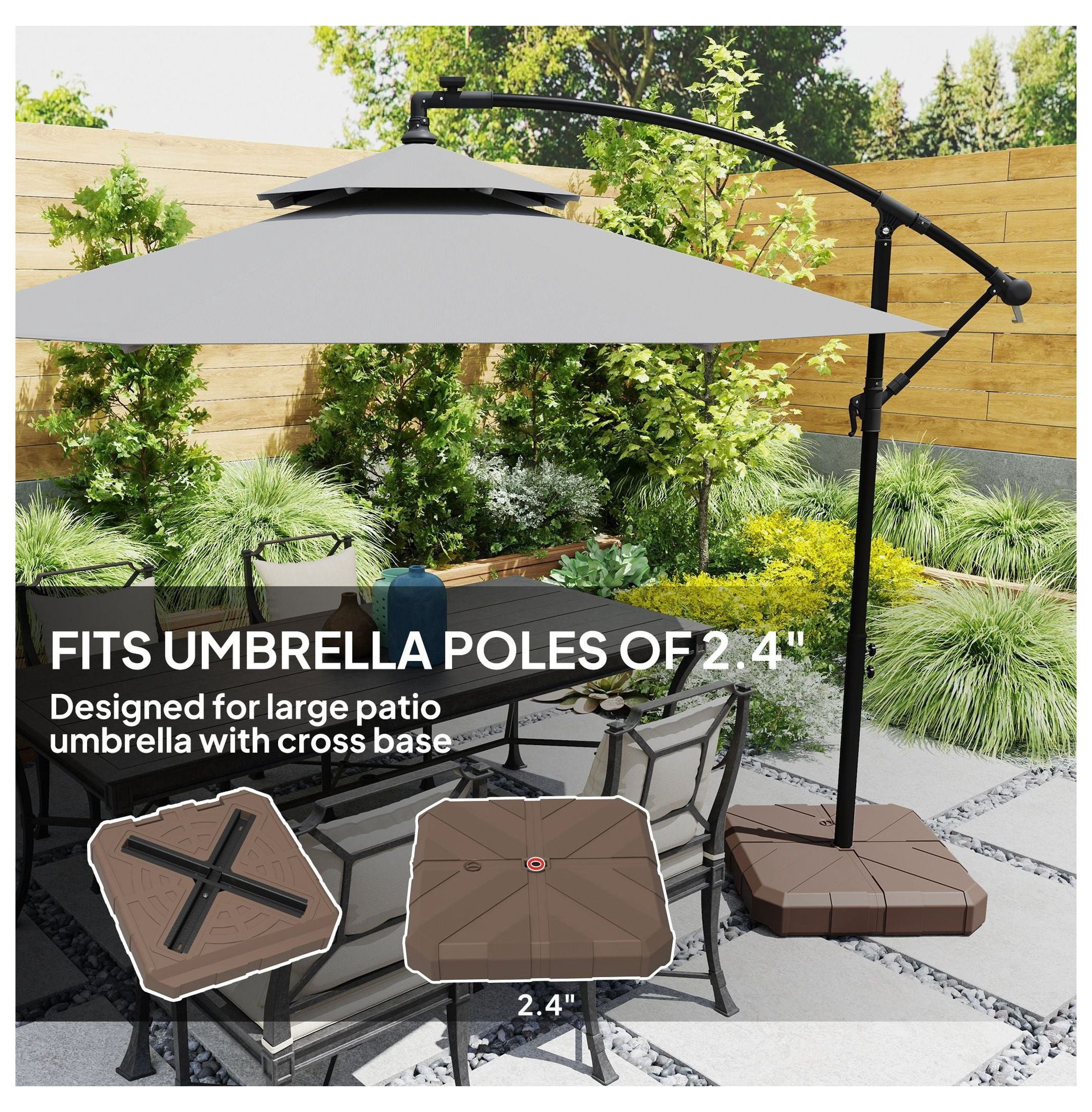 Offset Patio Umbrella Base - Heavy Duty 143lbs Fillable Stand for Garden, Poolside - 2.4" Pole - Brown
