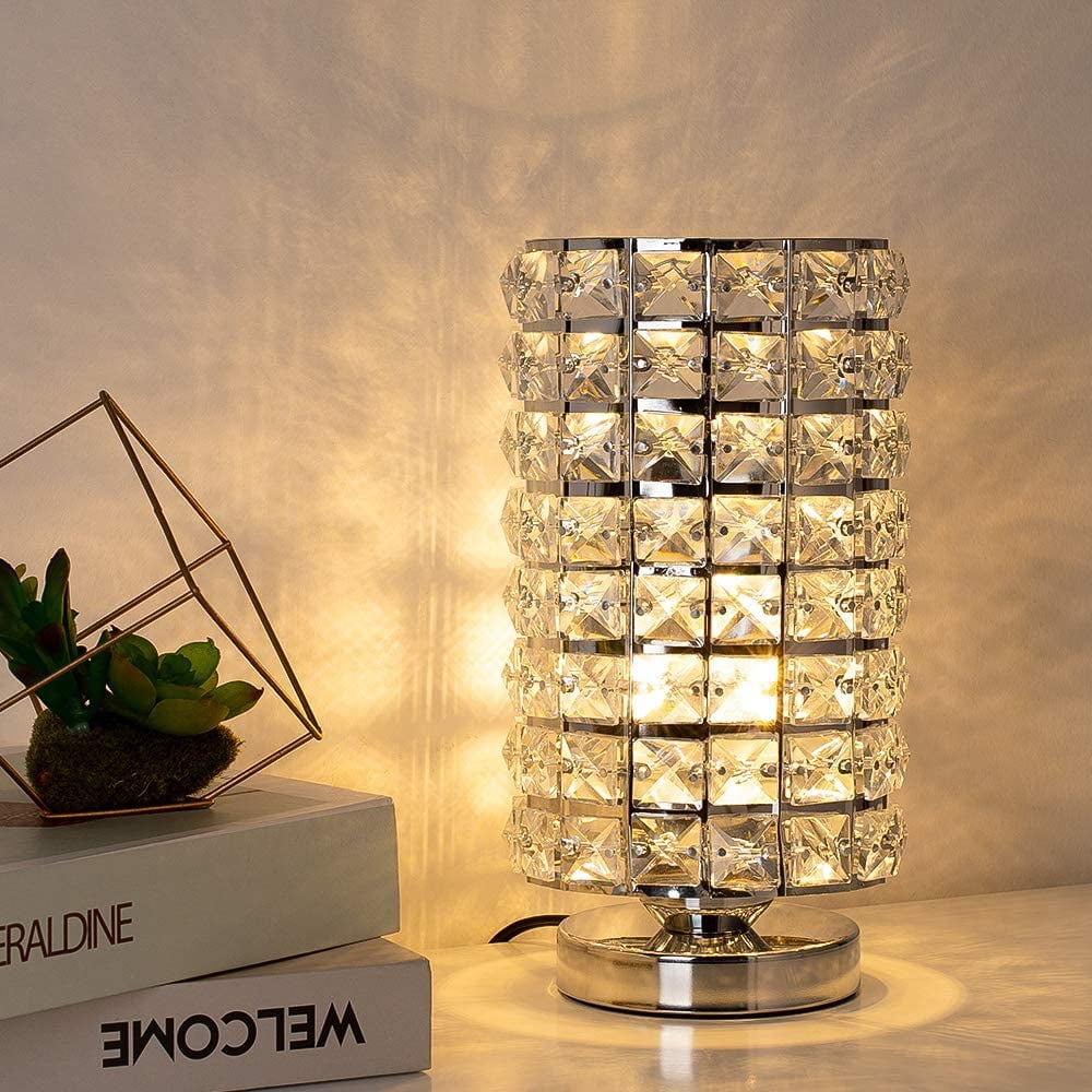 Haitral Silver Crystal Desk Lamp with Crystal Lamp Shade Set of 2