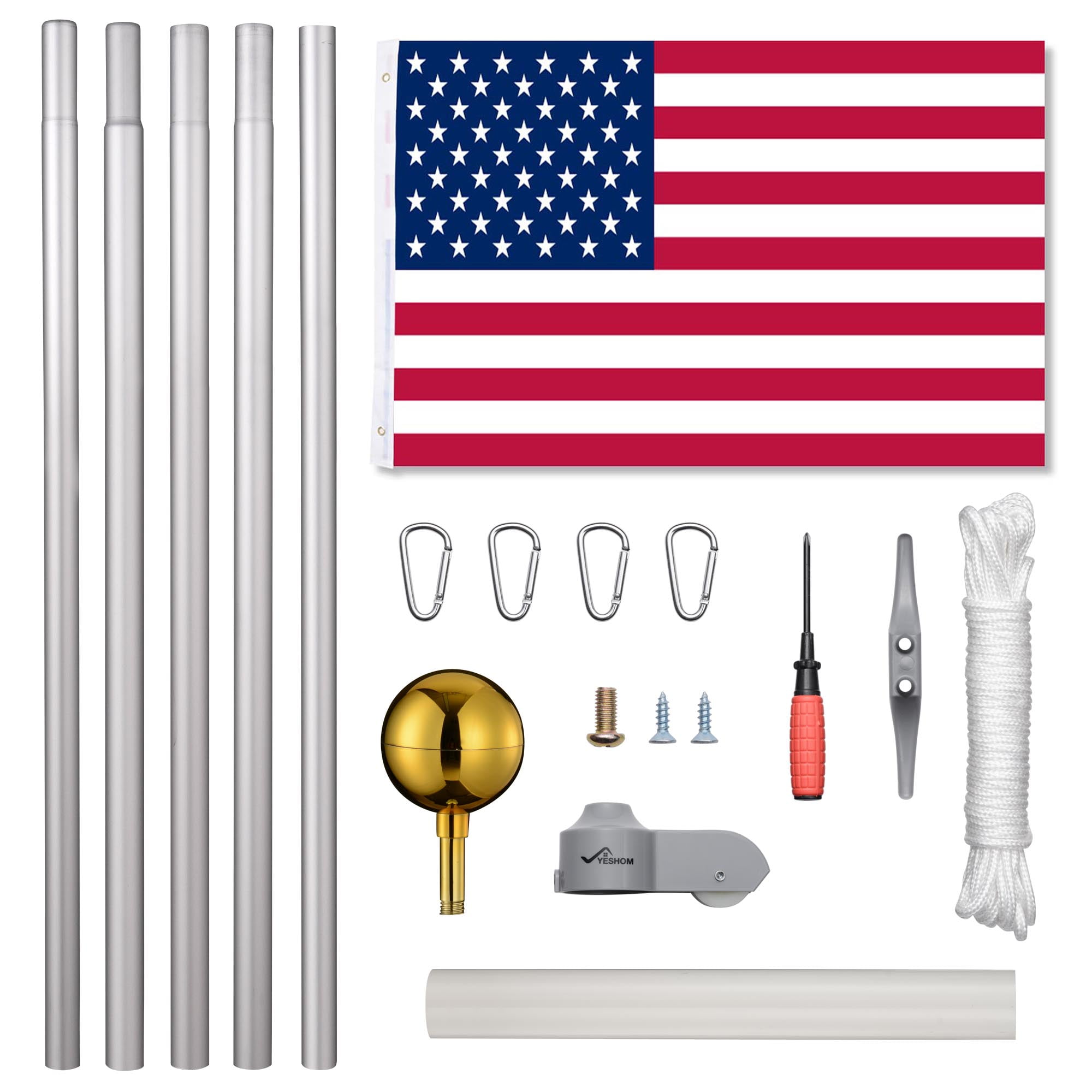 6 ft ZENY 20FT Sectional Flag Pole 3x5 American Flag & Ball Top Kit Hardware Outdoor Garden Halyard Pole Inground Flagpole 