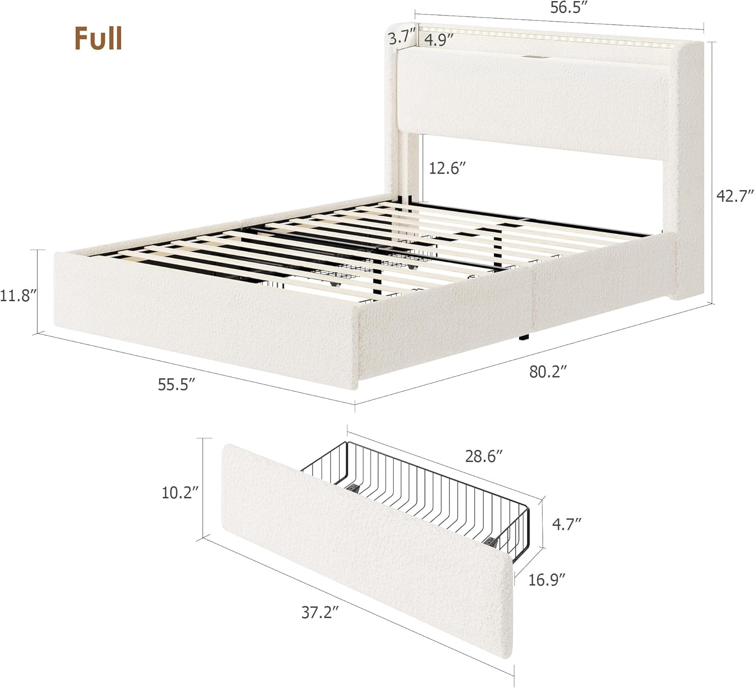 Boucle Upholstered Bed Frame Full Size/Queen Size,Bed Frame with LED Light Headboard,Charging Station and 4 Storage Drawers,No Box Spring Needed,Wood Slats