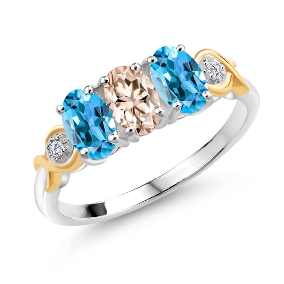 Gem Stone King 1.62 Ct Oval Peach Morganite Swiss Blue Topaz 925 Silver and 10K Yellow Gold G-H Lab Grown Diamond Women Ring (Size 7)