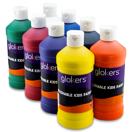 glokers 8 colors washable tempera paints - 16-ounce bottles of bold vibrant non-toxic kids paints - toddler art supplies for finger painting and art projects
