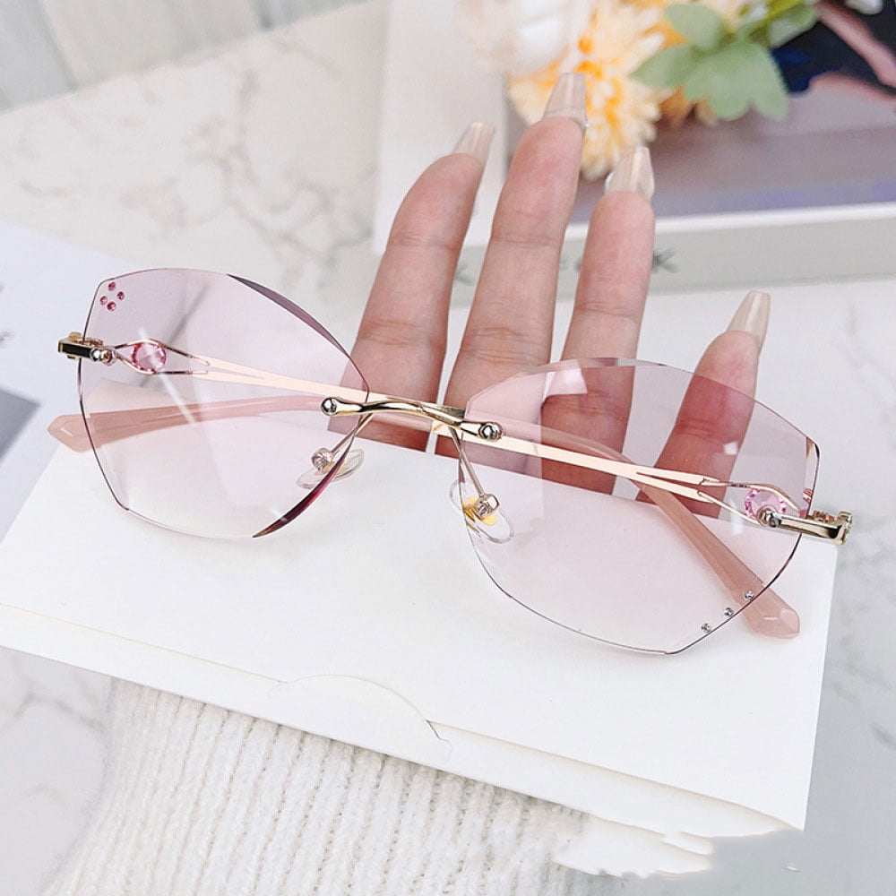 Butterfly Gradient Pink Rimless Reading Glasses +1.50, Diamond Frameless Ultra-light Blue Light Blocking Readers 1.50 for Women
