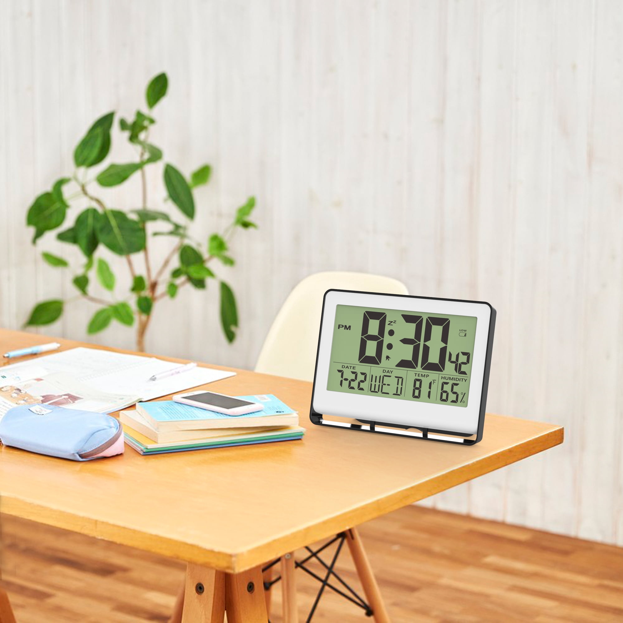 Digital Wall Clock with Indoor Temperature and Humidity, Desk Alarm Clock with Date and Blue Backlight