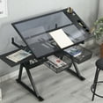 thumbnail image 3 of Drafting Desk With Side Shelf 0 To 75° Adjustable Tilting Drawing Desk Tempered Glass Art Table Writing Desk With Chair Stationery Storage Drawers, 3 of 9