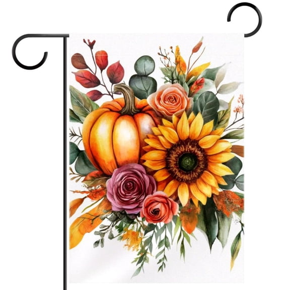 Watercolor Autumn Sunflower Pumpkin Rose and Leaves Garden Flag Double Sided House Flag for Outdoor Home, Personalized All Year Round Yard Decor 12 x 18 Inch