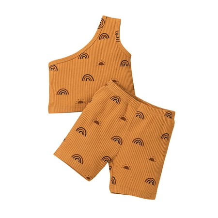

Girl Outfits Sleeveless Rainbow Printed Ribbed Vest Tops Shorts Toddler Girls Clothes Brown 18 Months-24 Months