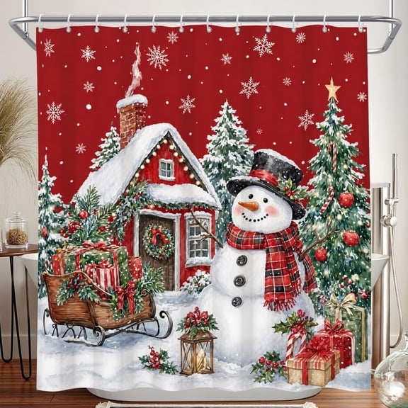 Christmas Snowman Shower Curtain Red Winter House and Pine Trees Waterproof Fabric Bath Curtain for Bathroom 71x71 inches