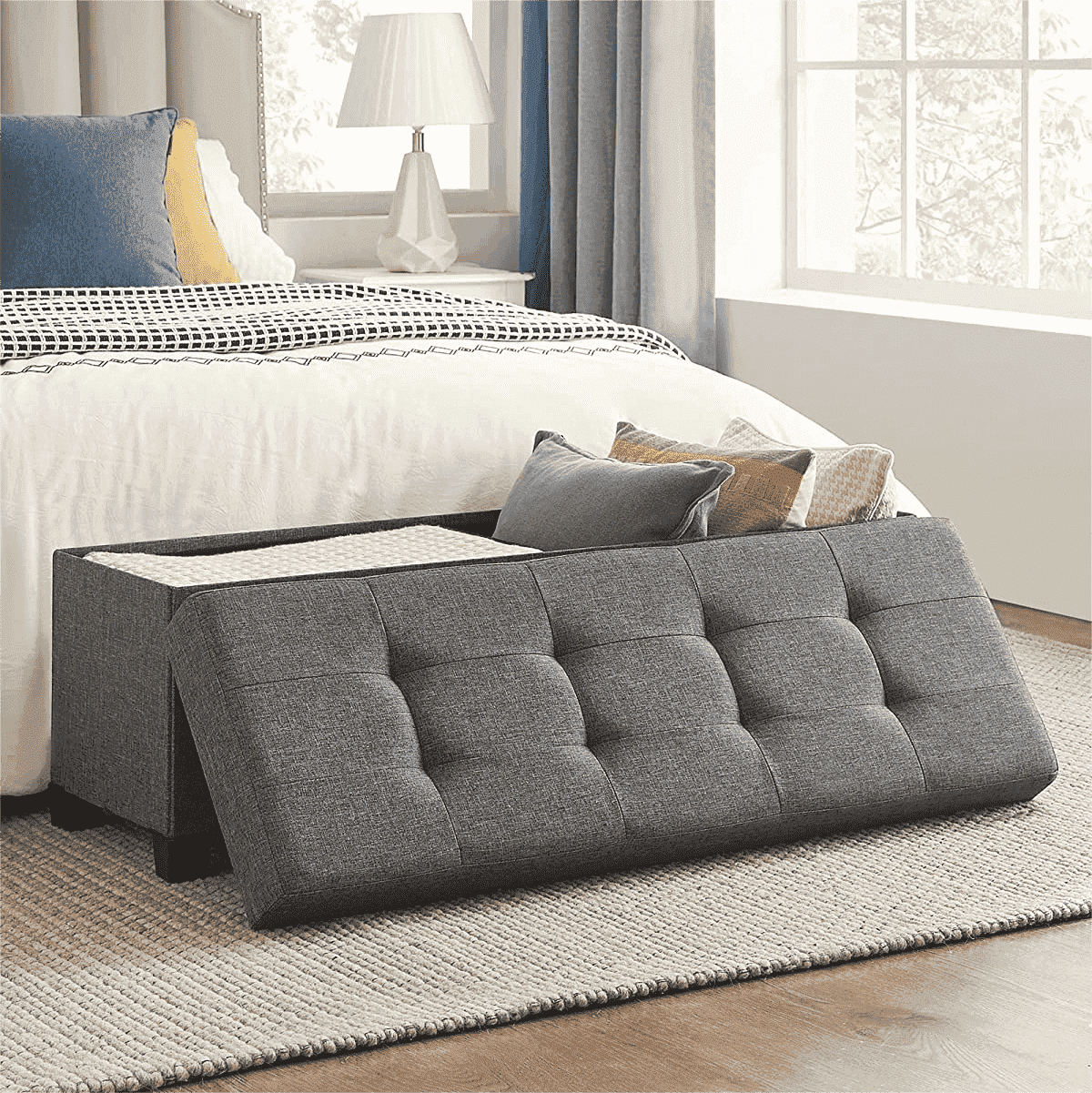 SONGMICS 43.3" Storage Ottoman Bench Ottoman with Storage CoEnd of Bed Storage Holds Up to 660 lb for Living Room Dark Gray