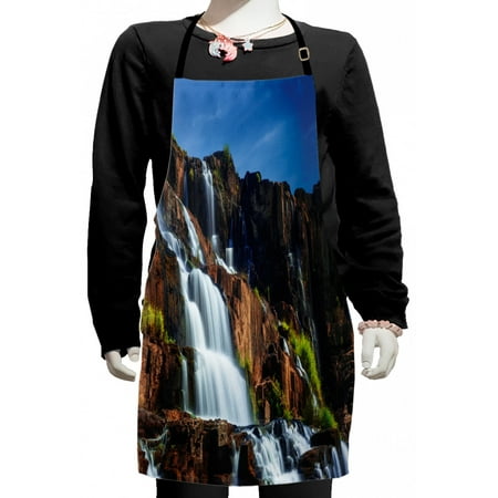 

Rainforest Kids Apron Pongour Waterfall Exotic Natural Beauty Landscape Mountain Rocks Print Boys Girls Apron Bib with Adjustable Ties for Cooking Baking Painting White Blue by Ambesonne