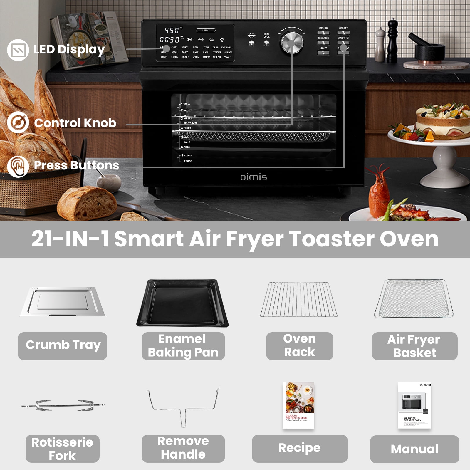 𝓞𝓘𝓜𝓘𝓢 Smart Large Air Fryer Toaster Ovens, 30L Extra Large 21