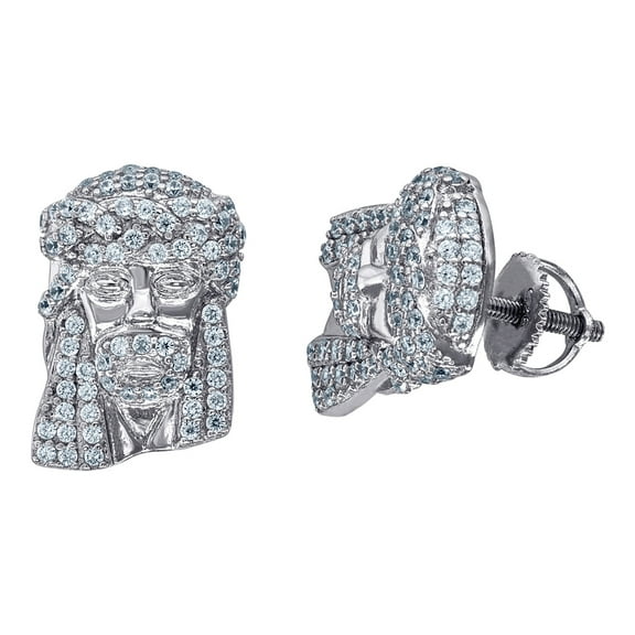 925 Sterling Silver Mens Cubic Zirconia Jesus Religious Stud Earrings Earring for Men - 4.0 Grams