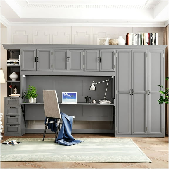 JERFIT Space Saving Twin Murphy Bed with Desk, Wardrobe & Storage Cabinet, Gray