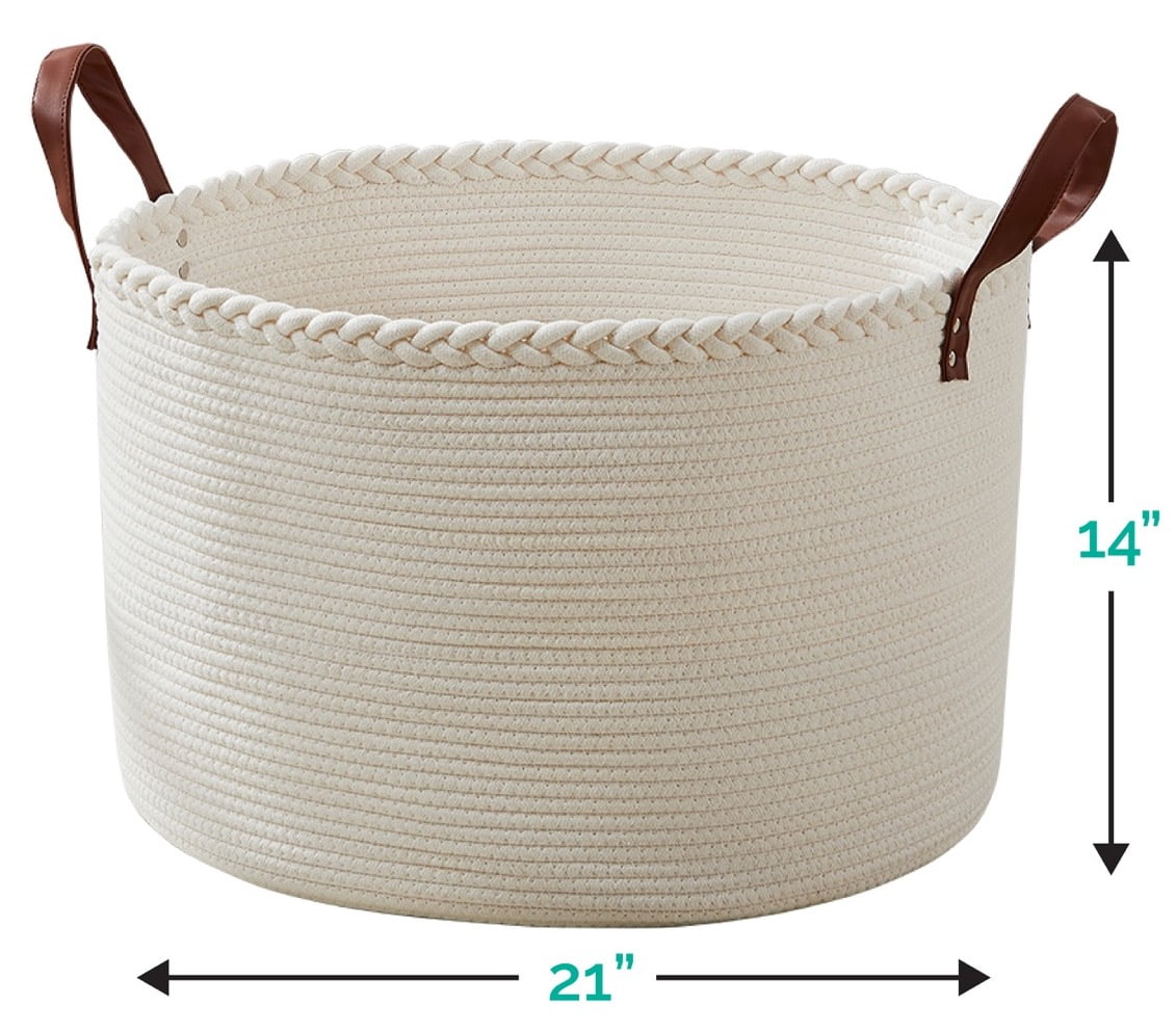 XLarge Round Cotton Rope Storage Basket Bin Organizer Laundry Hamper with Leather Handles, 21 x 21 x 14, Extra Large Blanket Woven Toy Basket for Baby Nursery - Cream